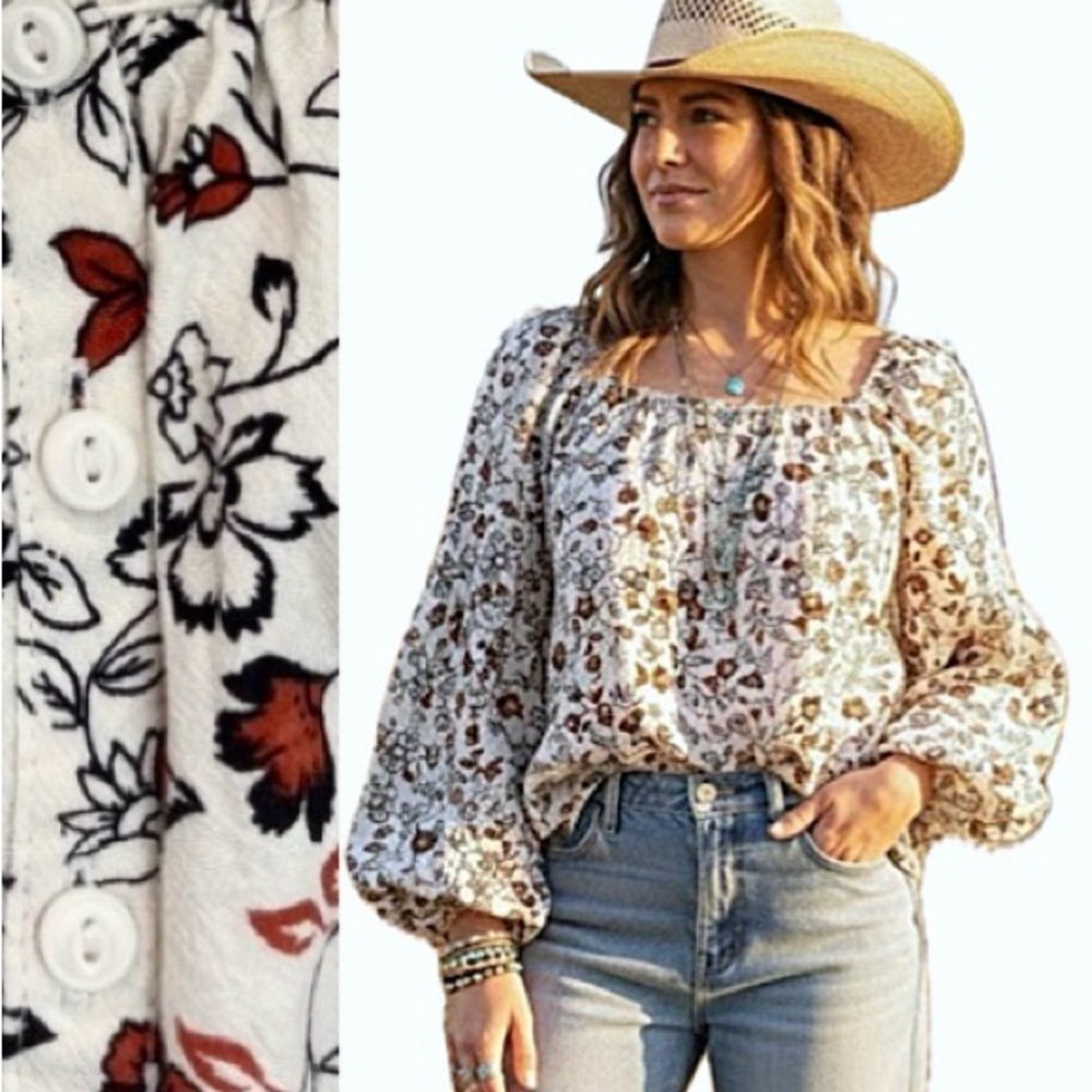 NWT ANA Floral Square Neck Peasant Top Size XXL Cotton Boho Long Balloon Sleeve